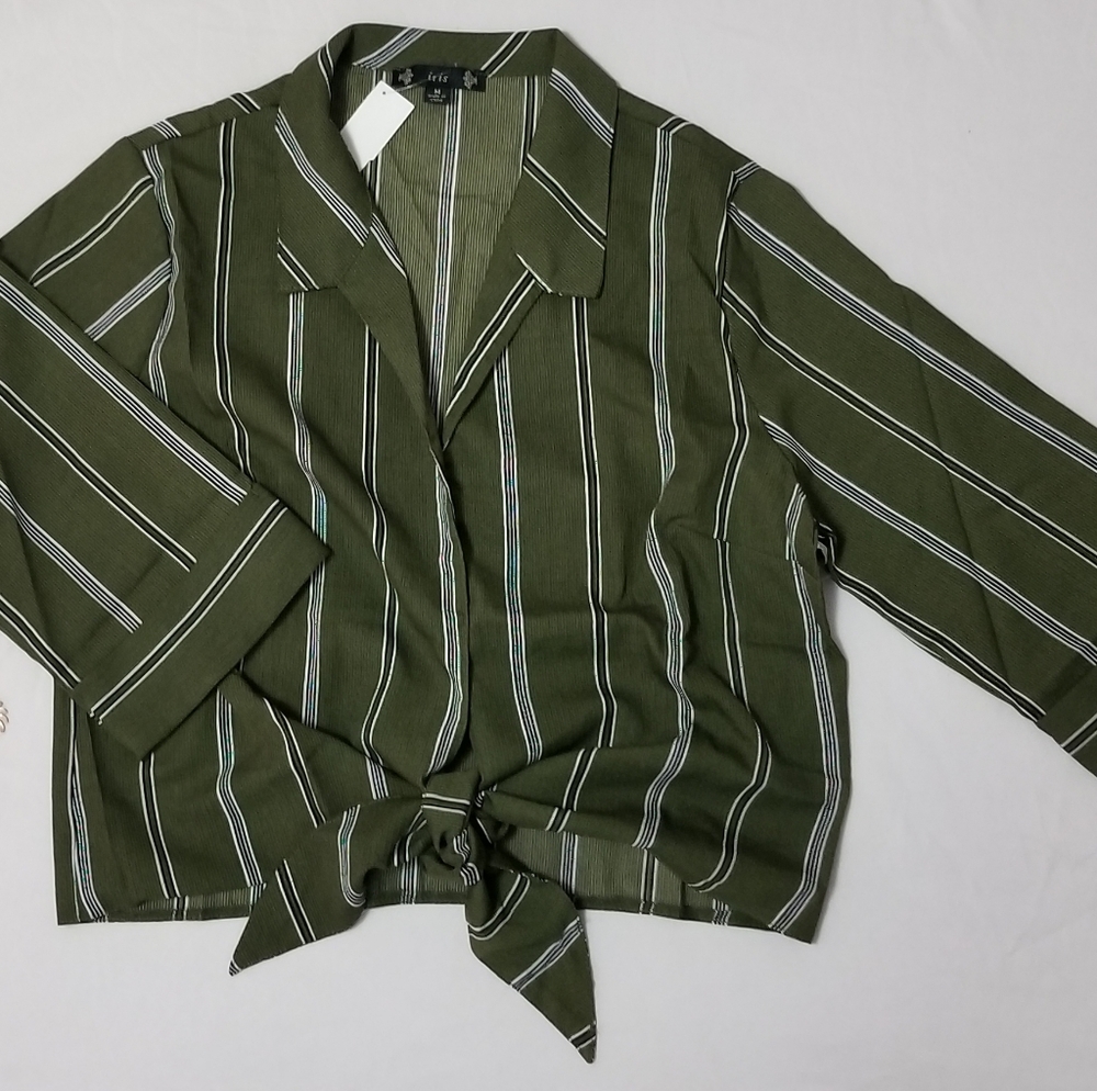 Medium Size Olive Black & White Striped Tie Blouse